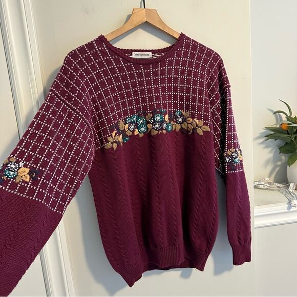 Vintage Izod Club Maroon Floral Embroidered Cotton Sweater Large - Picture 11 of 13